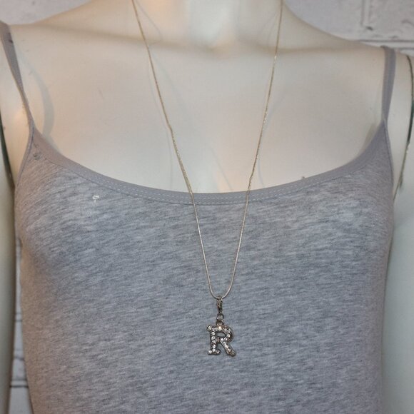 Beautiful silver necklace with R rhinestone charm/pendant 30" - Picture 1 of 4